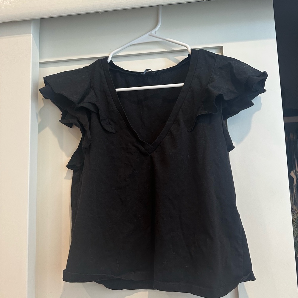 Zara Black Ruffled V-Neck Blouse